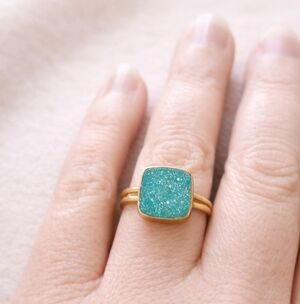 Aqua Druzy Quartz Ring • Gold Adjustable Band • Sparkling Square Gemstone